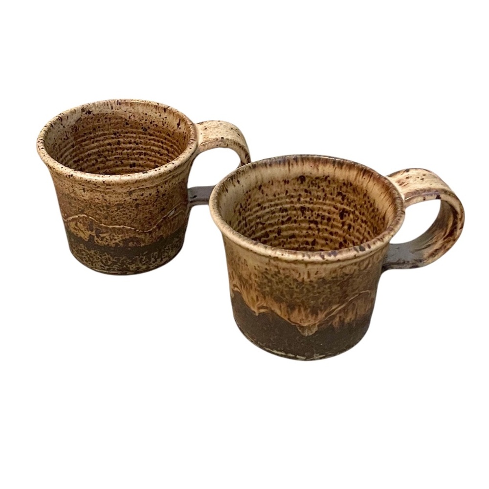 Pair Of Handmade Vintage 3D Stoneware 8oz Pottery Coffee Mug, Artist Signed‎